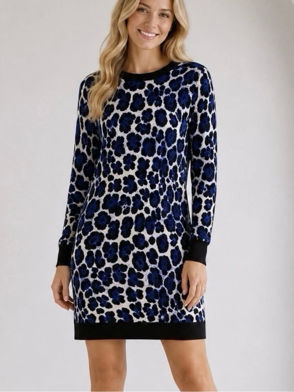 Michael Kors Women’s Leopard Blue Black White Pull On Dress Large Cotton Blend